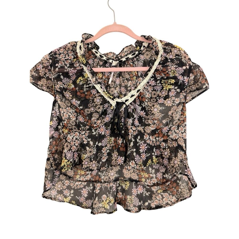 Free People Sheer Cropped Top Sz Large Black Lace Trim Oversized Peasant Boho